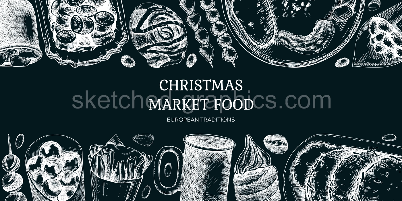 Traditional European Christmas market food border. Fast food menu design elements. Vintage hand-drawn vector illustration. Pastries, sweets, grilled sausages, donuts, hot drinks sketches on chalkboard Illustration